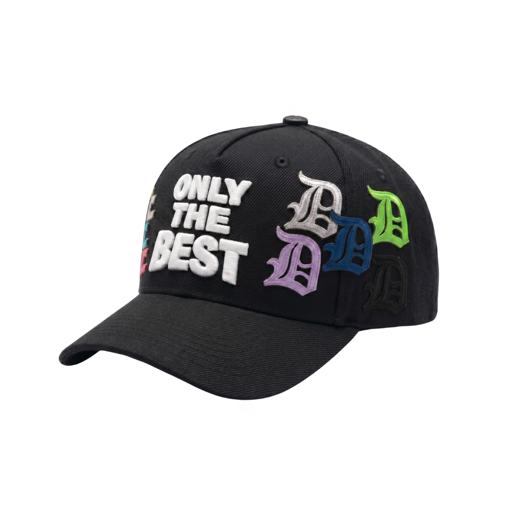 Gorra Only The Best negra con bordado frontal blanco en relieve y letras laterales multicolor sobre base negra