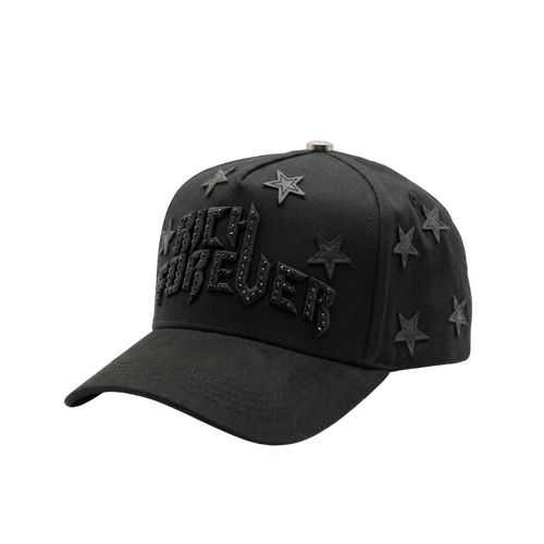 Gorra Rich Forever negra con bordado negro y estrellas en relieve