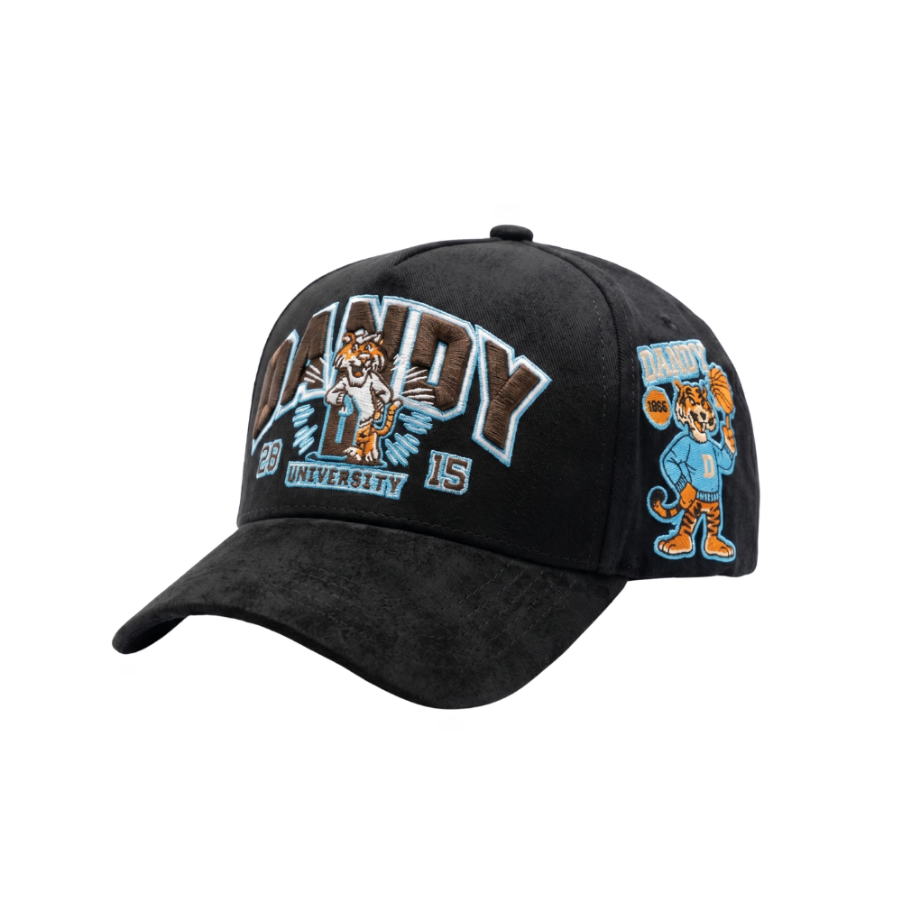 Gorra Dandy University negra con bordado azul y café y tigre bordado