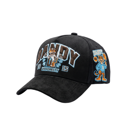 Gorra Dandy University negra con bordado azul y café y tigre bordado