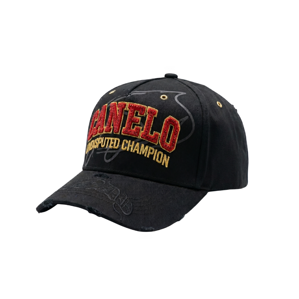Gorra Pound For Pound negra con bordado rojo y dorado y detalles desgastados