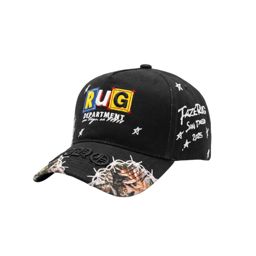 Gorra Rug Dept negra con bordado multicolor, detalles blancos y visera estampada