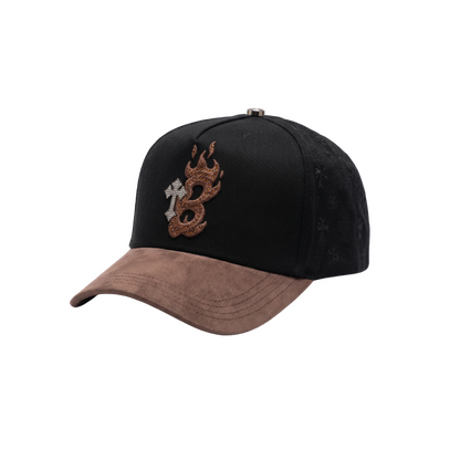Gorra B Cross negra con letra B bordada en café con pedrería brillante y cruz con pedrería