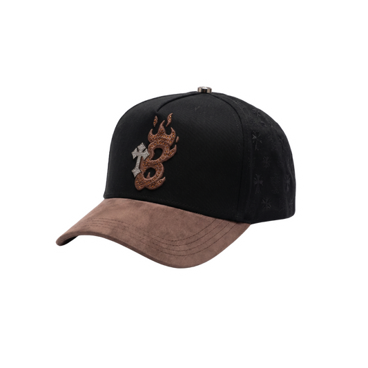 Gorra B Cross negra con letra B bordada en café con pedrería brillante y cruz con pedrería