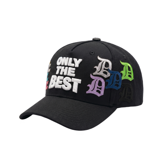 Gorra Only The Best negra con bordado frontal blanco en relieve y letras laterales multicolor sobre base negra