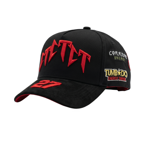 Gorra 27 CT Racing negra con bordado rojo y parches laterales estilo racing
