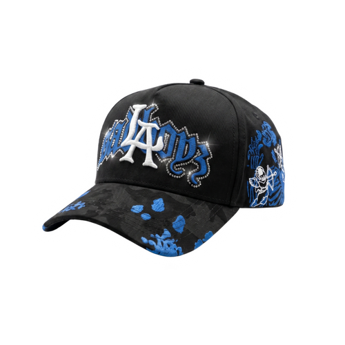 Gorra Angel Azul negra con bordado azul, logo blanco y detalles laterales de ángel