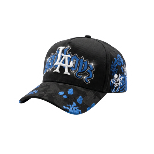 Gorra Angel Azul negra con bordado azul, logo blanco y detalles laterales de ángel