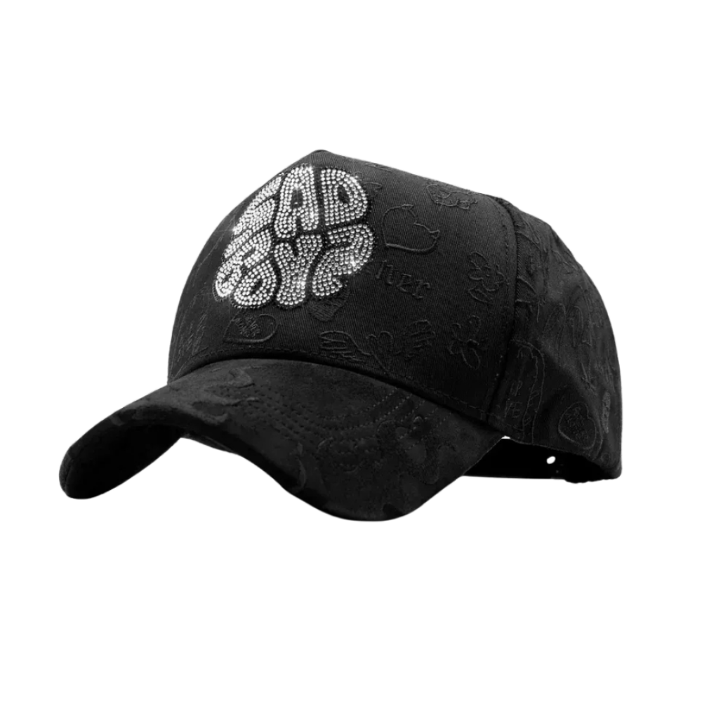 Gorra Sad Boyz negra con pedrería brillante y detalles tono sobre tono