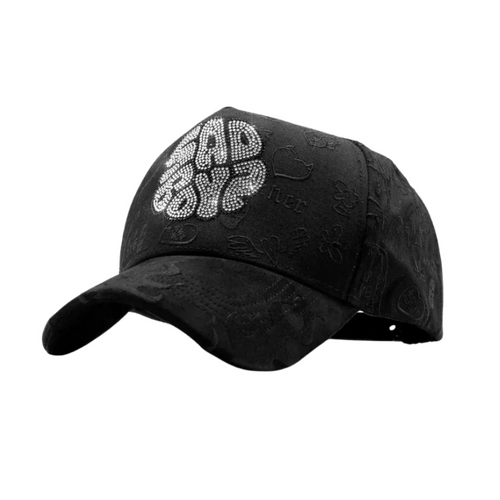 Gorra Sad Boyz negra con pedrería brillante y detalles tono sobre tono