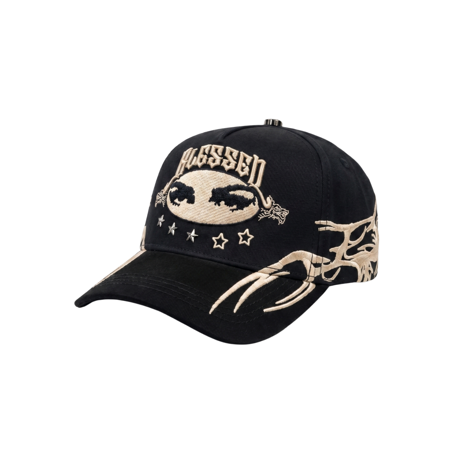 Gorra All Eyes on Me negra con bordado beige, estrellas metálicas y detalles laterales