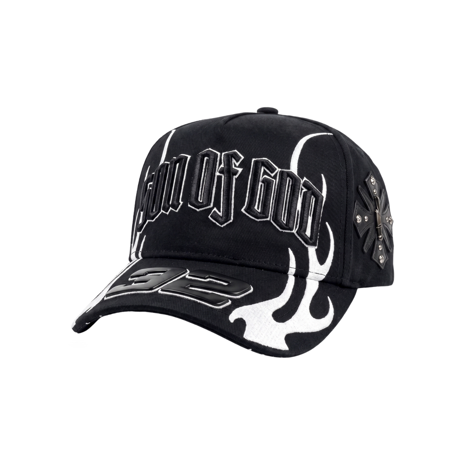 Gorra Son of God negra con bordado blanco, detalles de llamas y cruz lateral