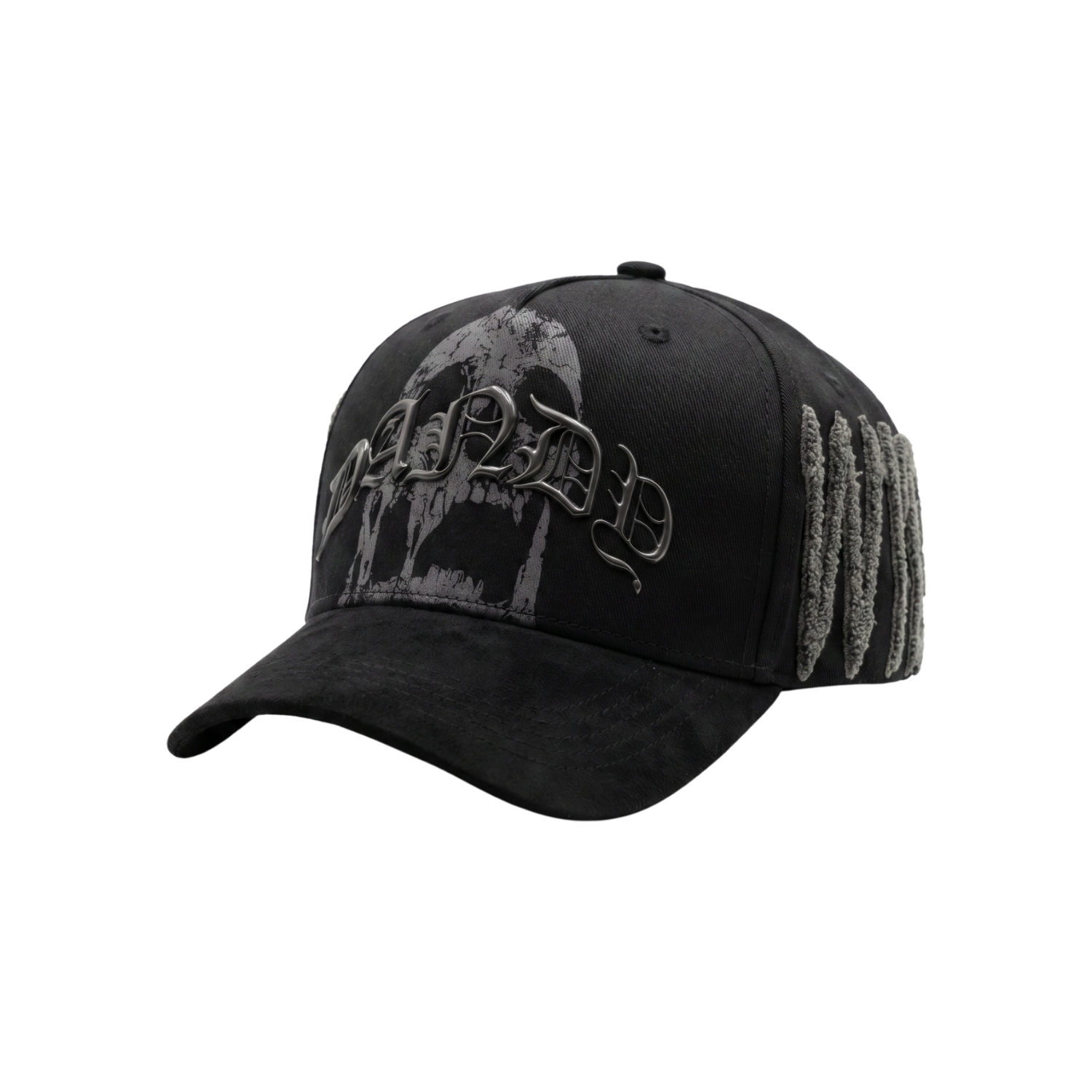 Gorra Plague negra con gráfico de calavera en gris y bordado lateral texturizado
