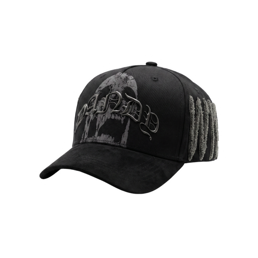 Gorra Plague negra con gráfico de calavera en gris y bordado lateral texturizado