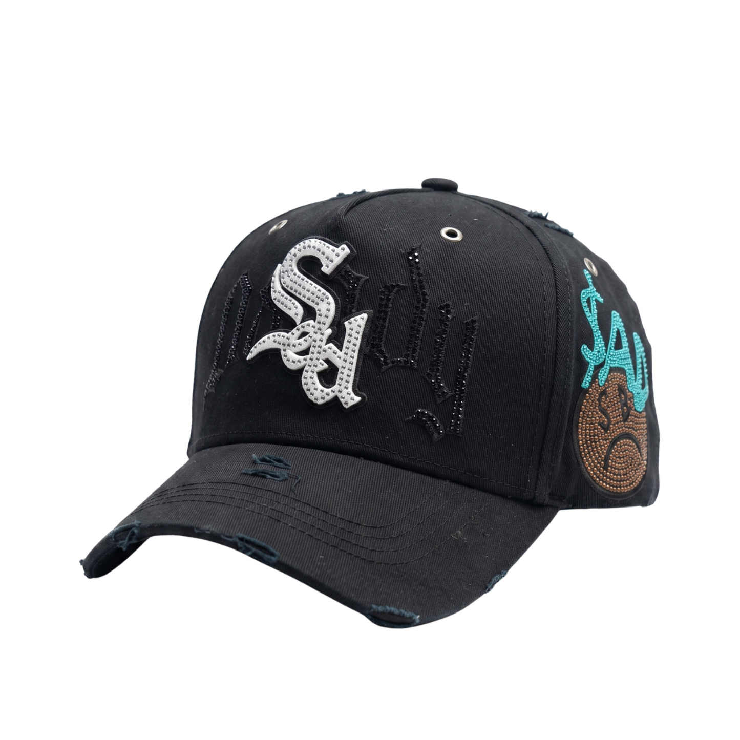 Gorra Psicodelica negra con bordado plateado, pedrería y parche lateral turquesa
