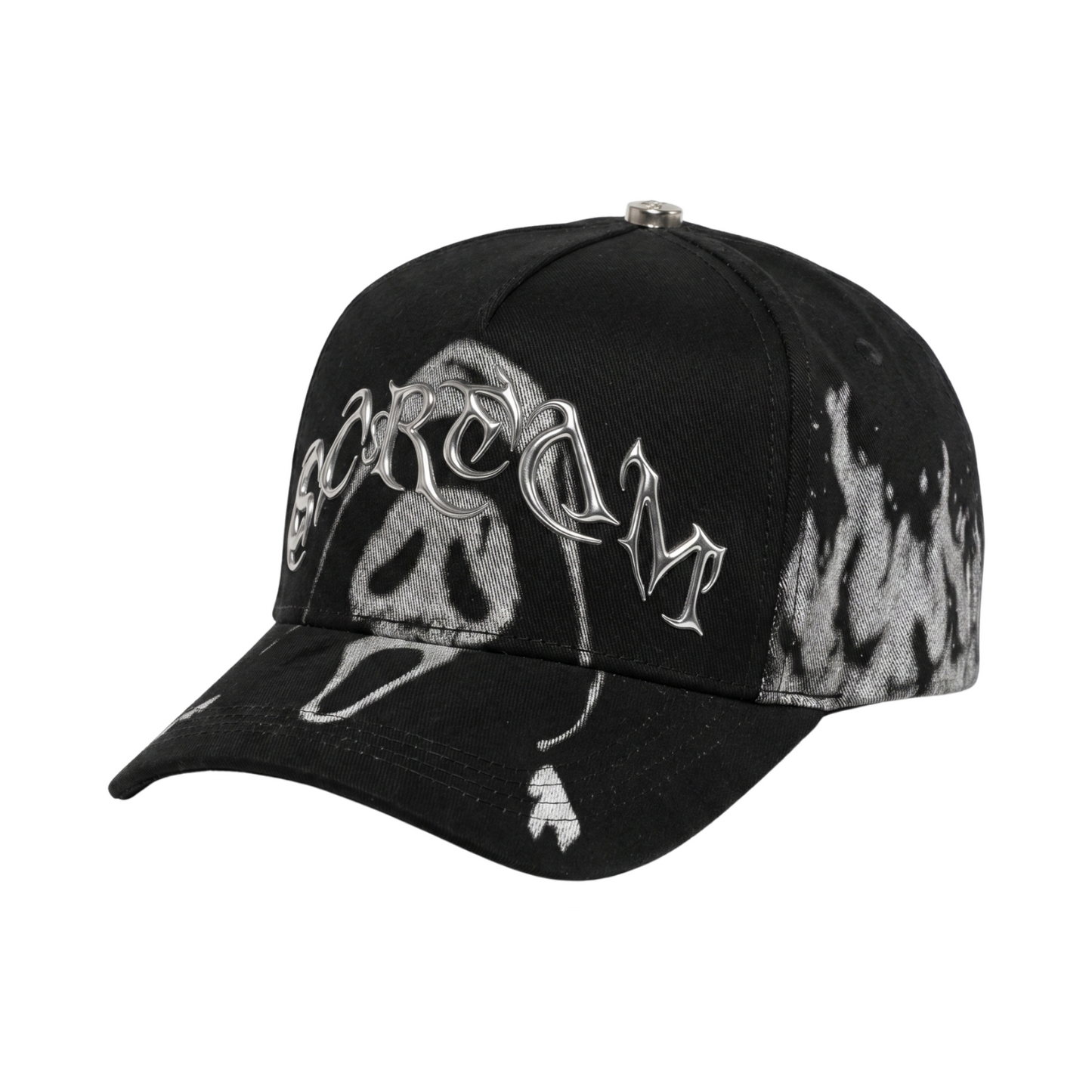 Gorra Scream negra con gráfico en blanco y negro y logo metálico