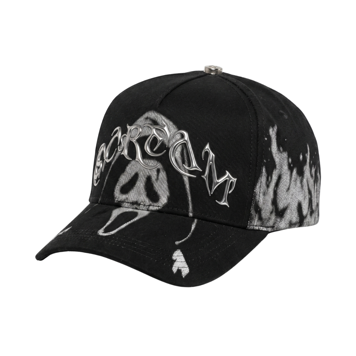 Gorra Scream negra con gráfico en blanco y negro y logo metálico