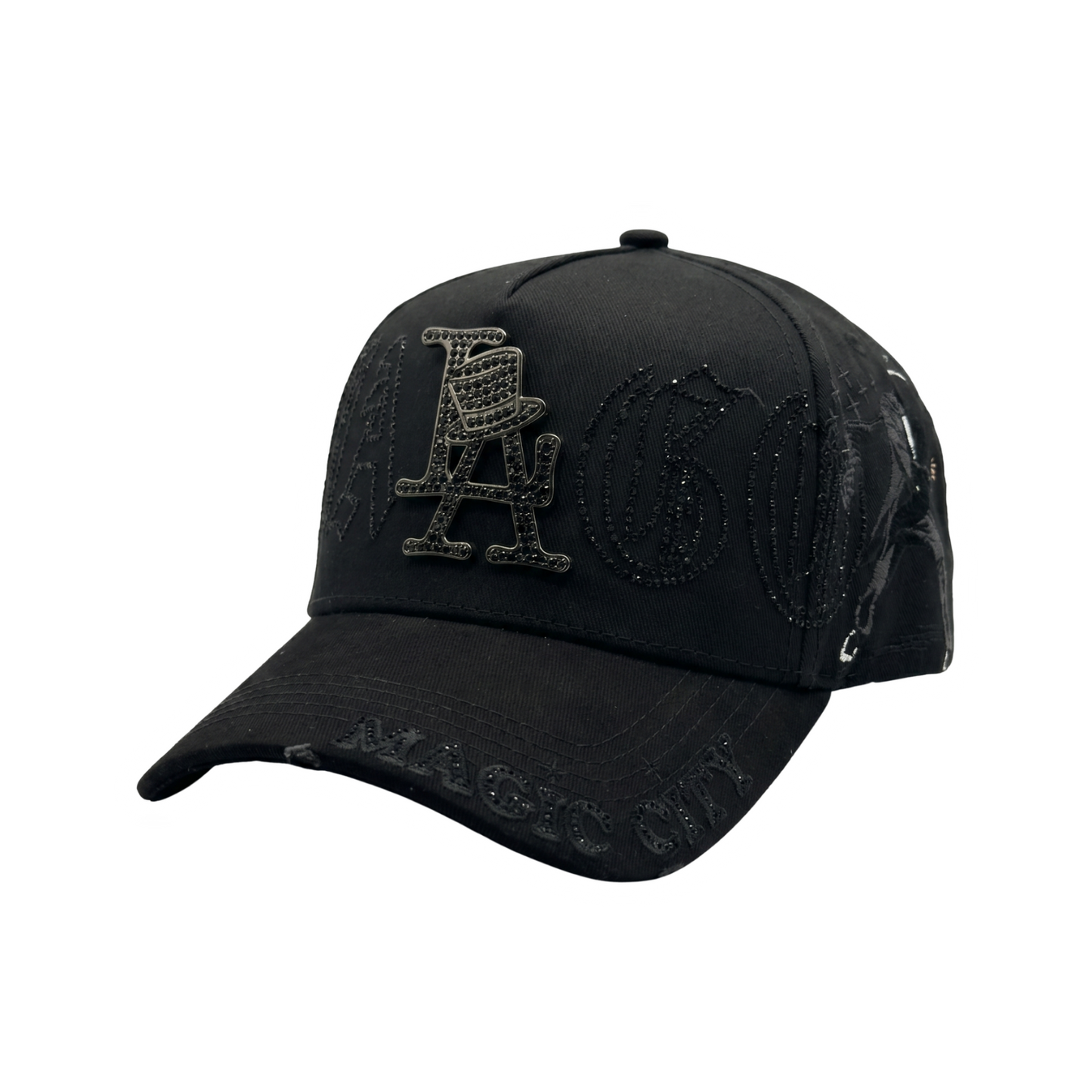 Gorra La Mago negra con logo LA metálico, bordado negro y detalles brillantes