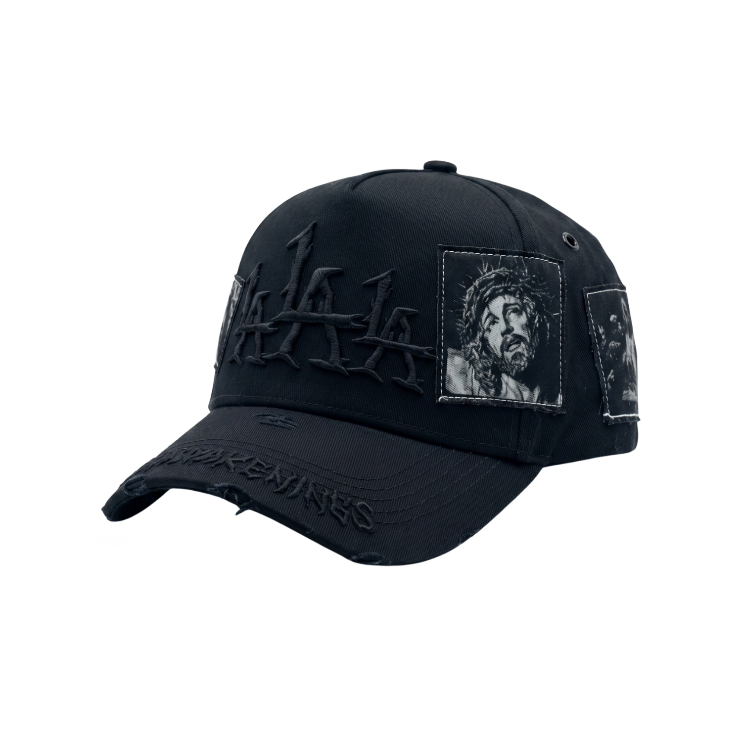 Gorra The Messiah negra con bordado tonal y parches gráficos en blanco y negro