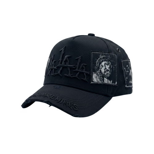 Gorra The Messiah negra con bordado tonal y parches gráficos en blanco y negro
