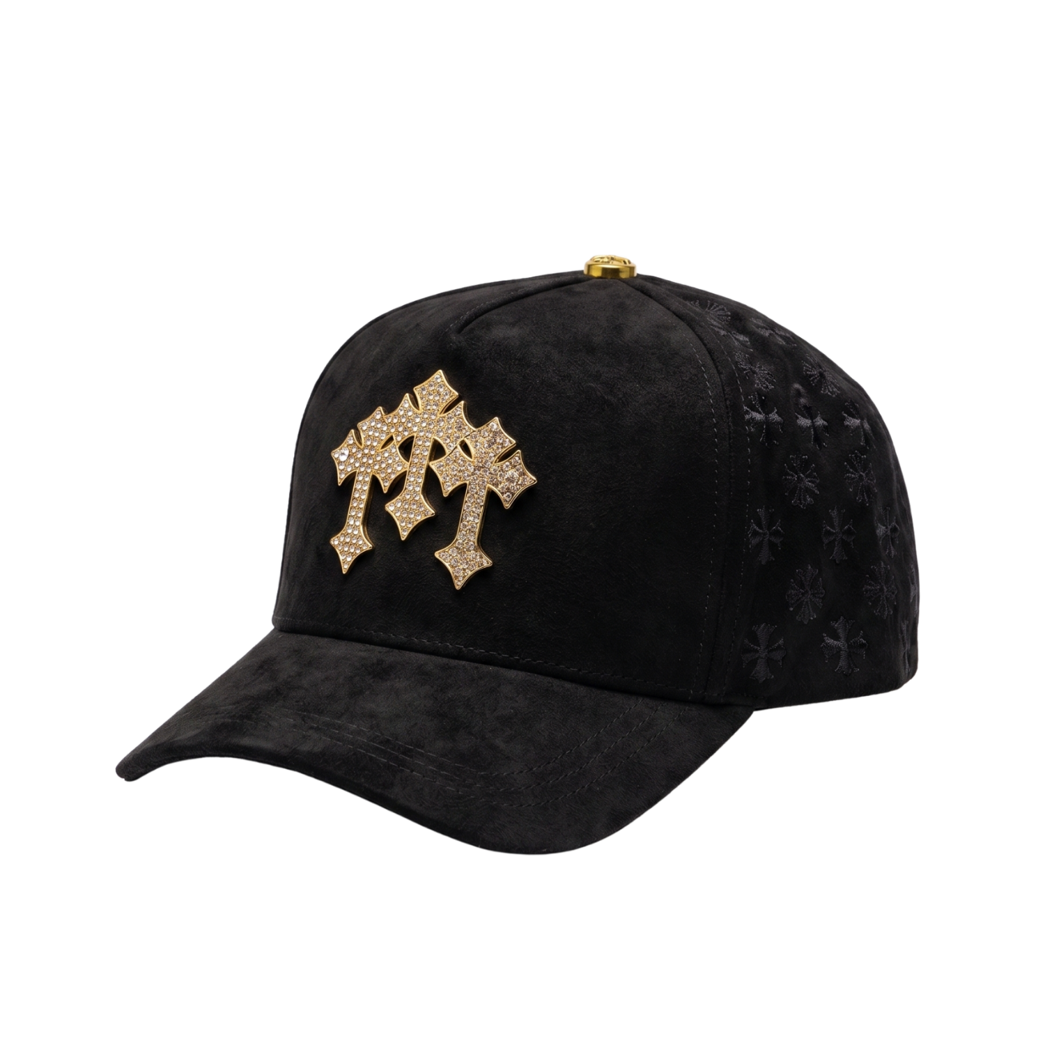 Gorra Chrome I Gold negra con cruces doradas y pedrería brillante