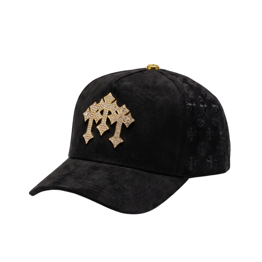 Gorra Chrome I Gold negra con cruces doradas y pedrería brillante