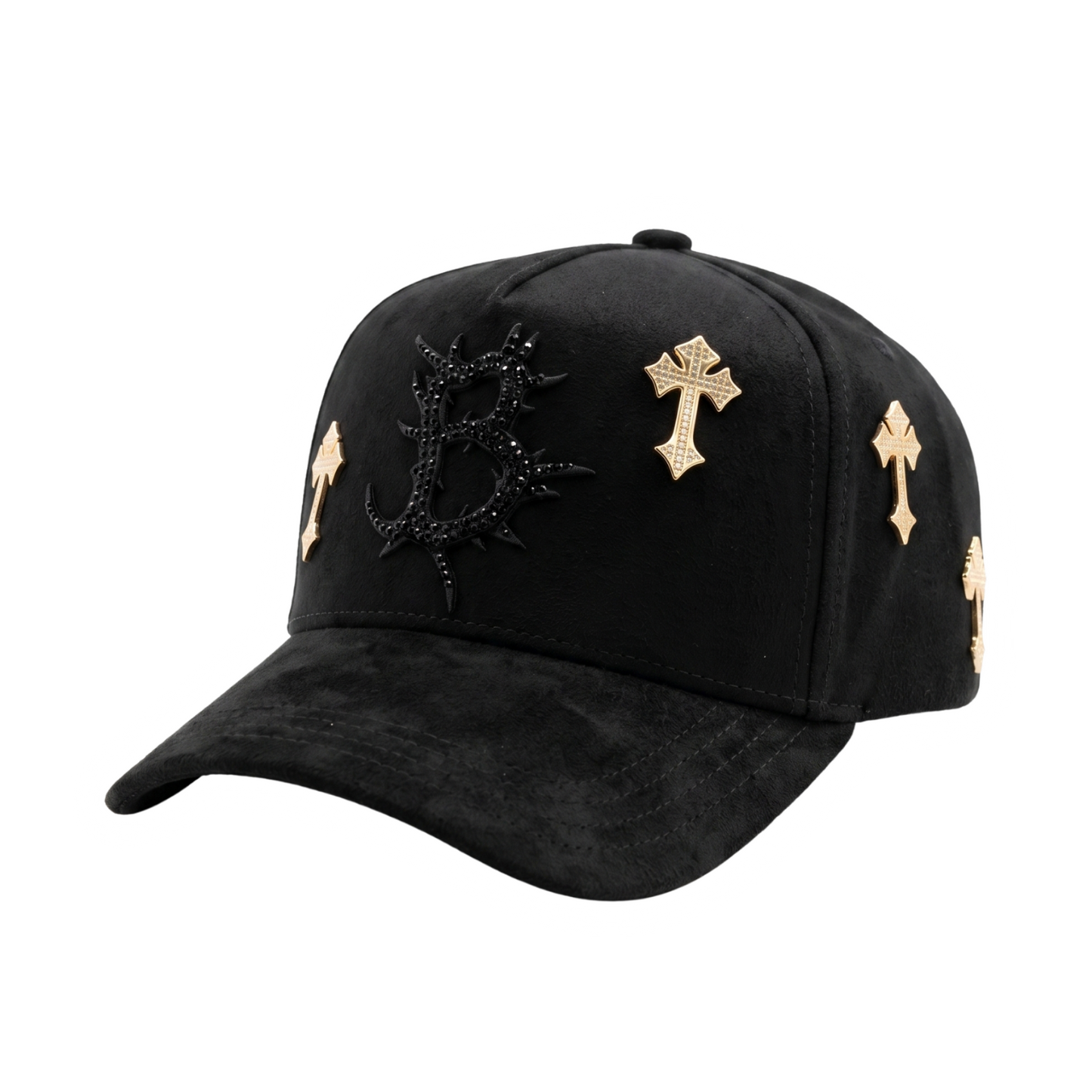 Gorra B Cross Gold negra con letra B negra y cruces doradas con pedrería