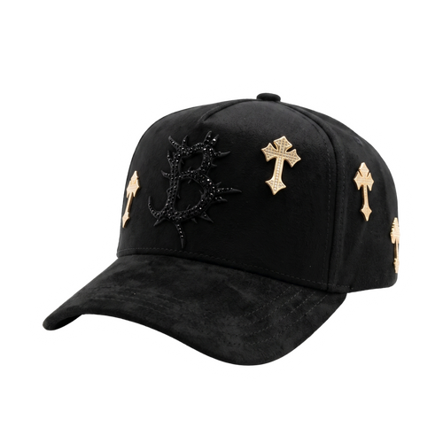 Gorra B Cross Gold negra con letra B negra y cruces doradas con pedrería