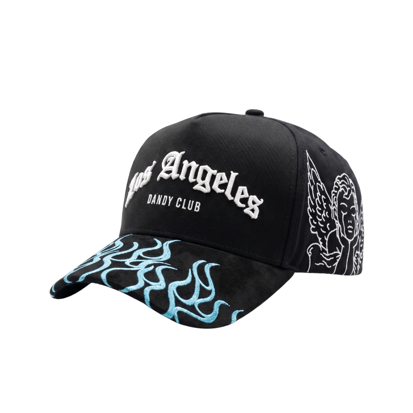 Gorra Club Los Angeles negra con bordado blanco, llamas azules y ángel lateral