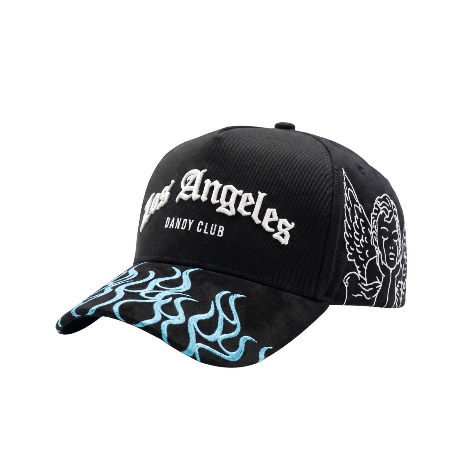 Gorra Club Los Angeles negra con bordado blanco, llamas azules y ángel lateral
