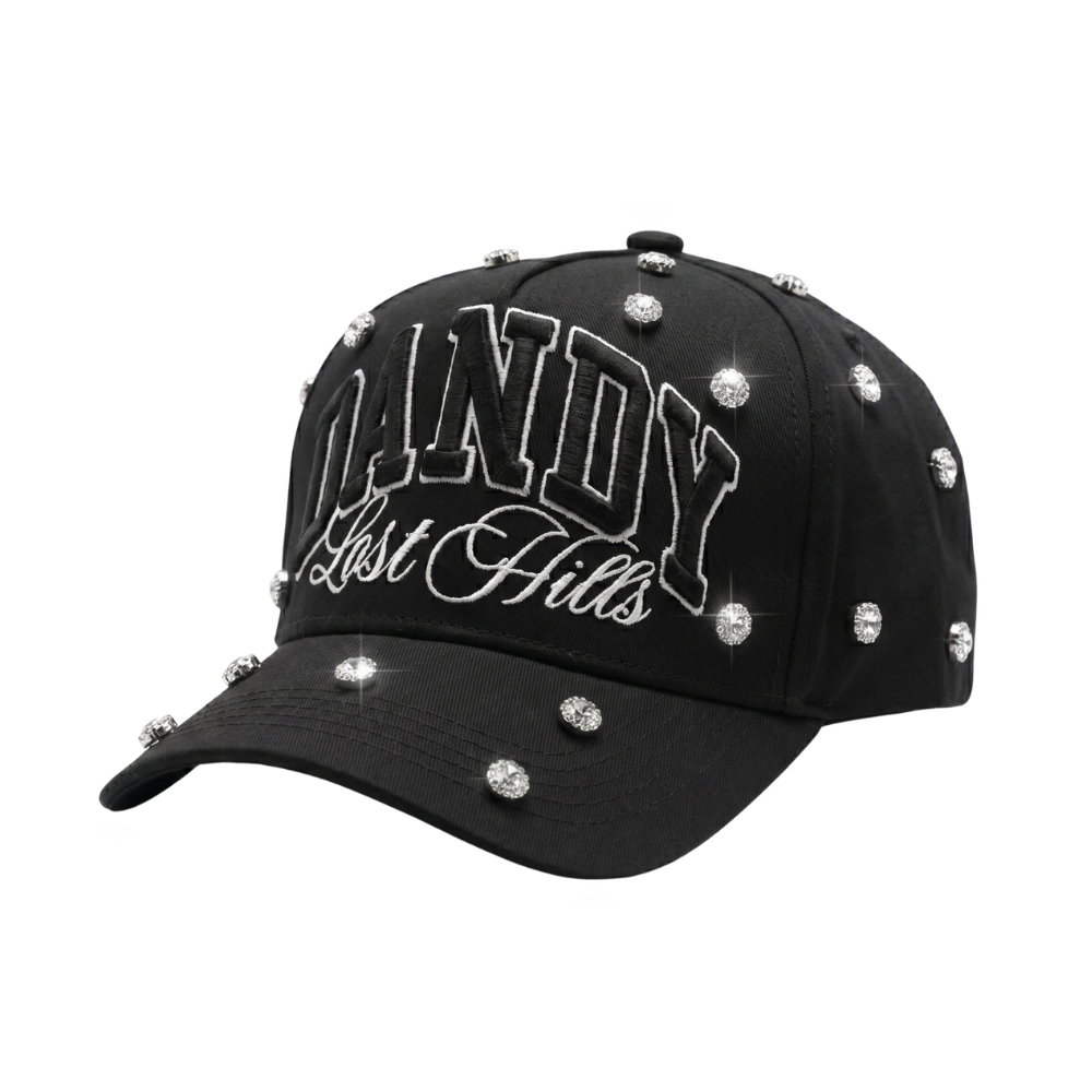Gorra Handle Whit Care negra con bordado blanco y pedrería brillante
