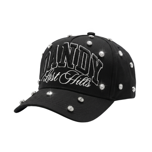 Gorra Handle Whit Care negra con bordado blanco y pedrería brillante