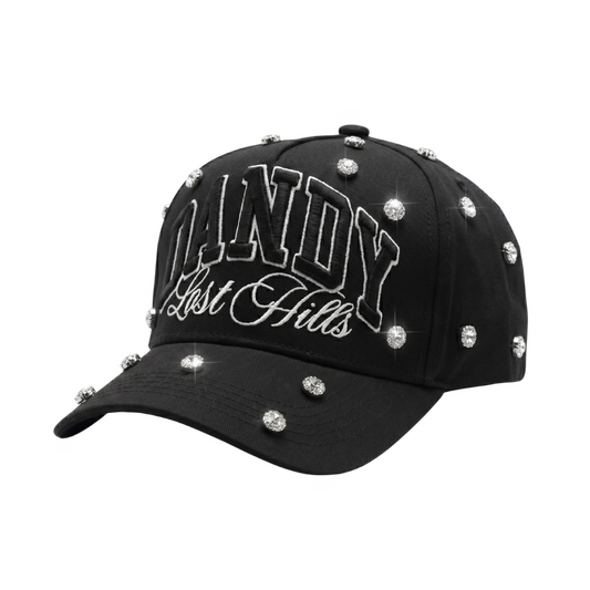 Gorra Handle Whit Care negra con bordado blanco y pedrería brillante