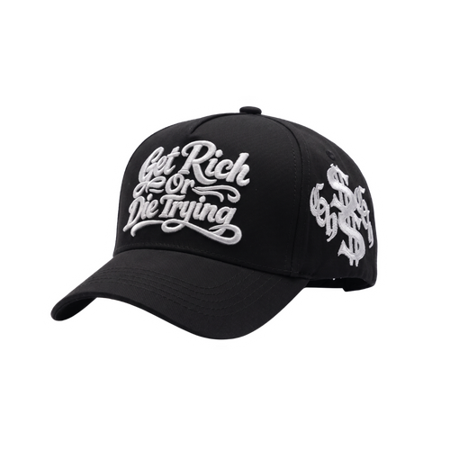 Gorra Get Rich Or Dye Trying negra con bordado frontal blanco y símbolos gráficos en los laterales.